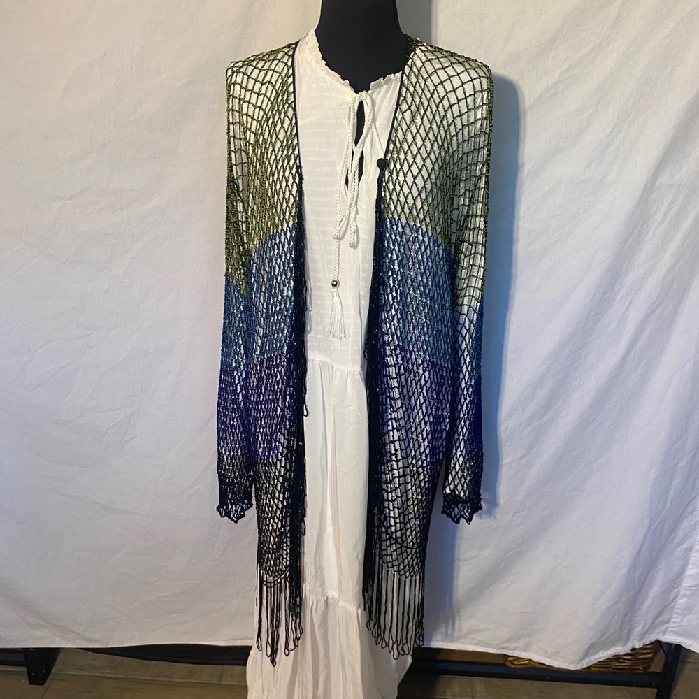 Chicos Beaded Fishnet Crochet Cardigan Ombre Green Blue Fringe Duster One Size